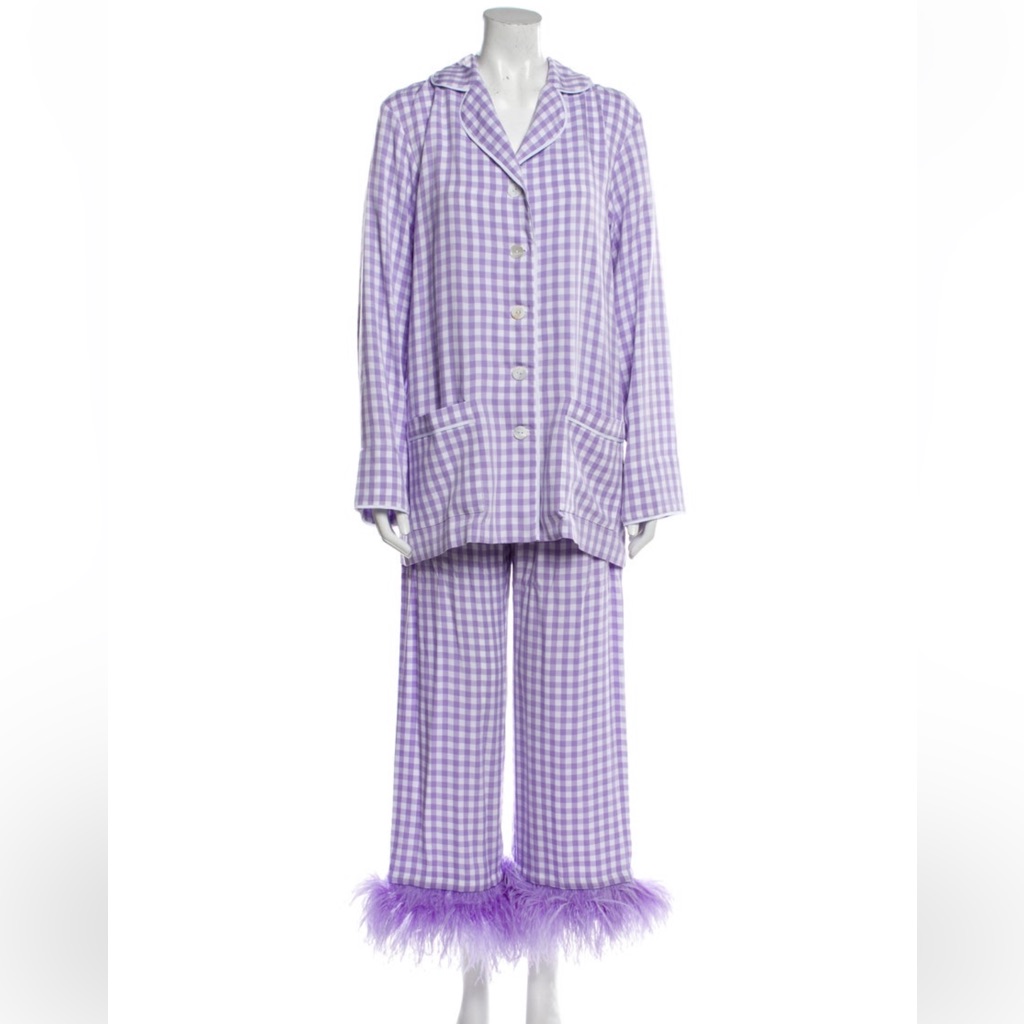 Nwt Sleeper Purple Gingham Party Pajama Set With Feather Trim